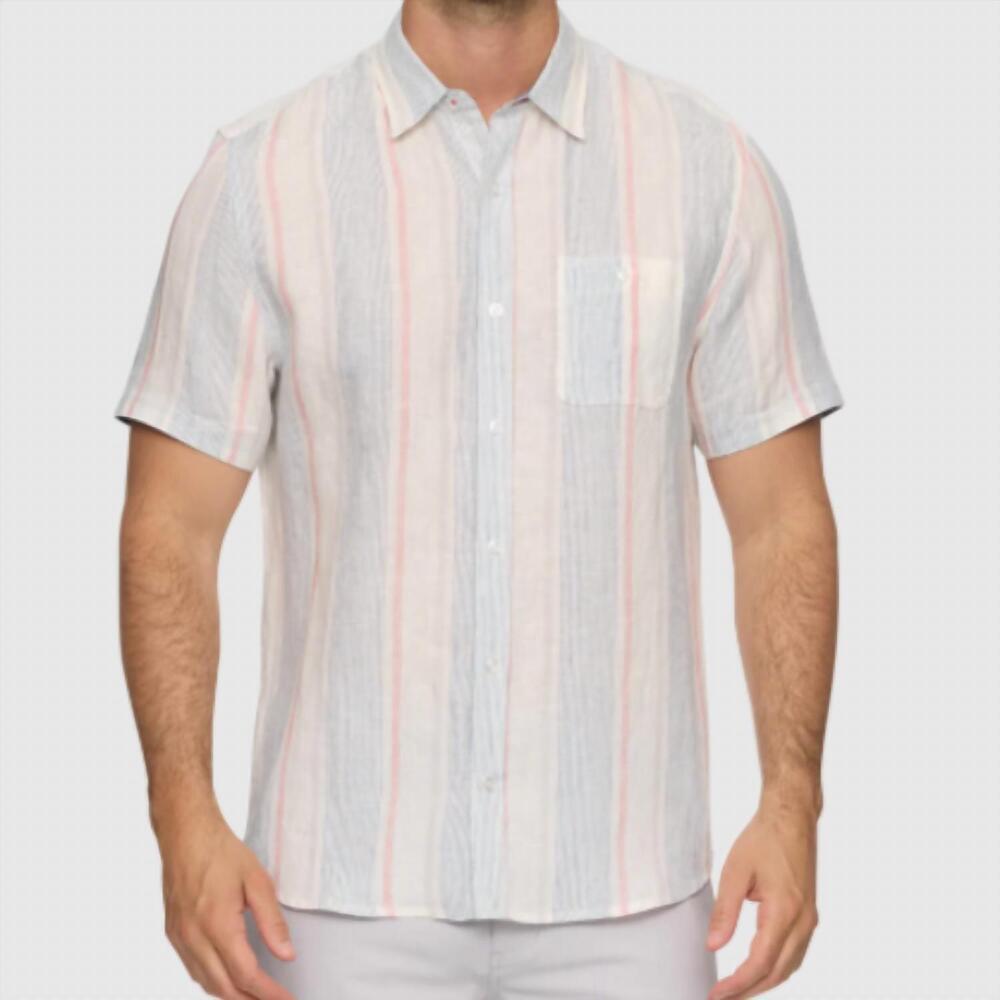 NEW FLAGS & ANTHEM brent short sleeve stripe linen shirt in white / pink / blue